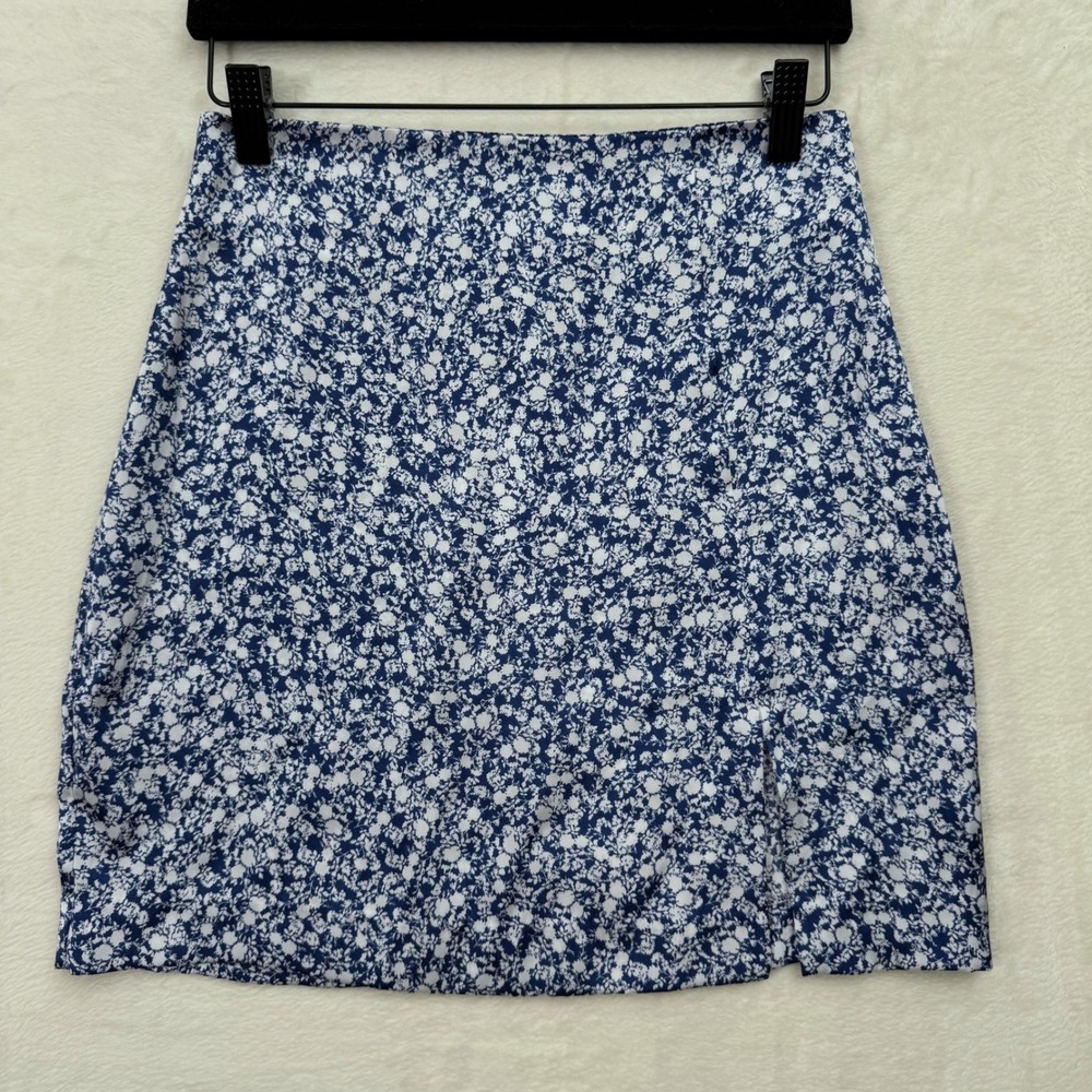 Zara Skirt Womens XS Blue White Floral Ditsy Mini High Waisted Side Slit Casual